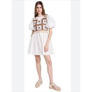 En Saison Womans Evie Mixed Media Mini Dress S Crocket Puff Sleeves NWOT